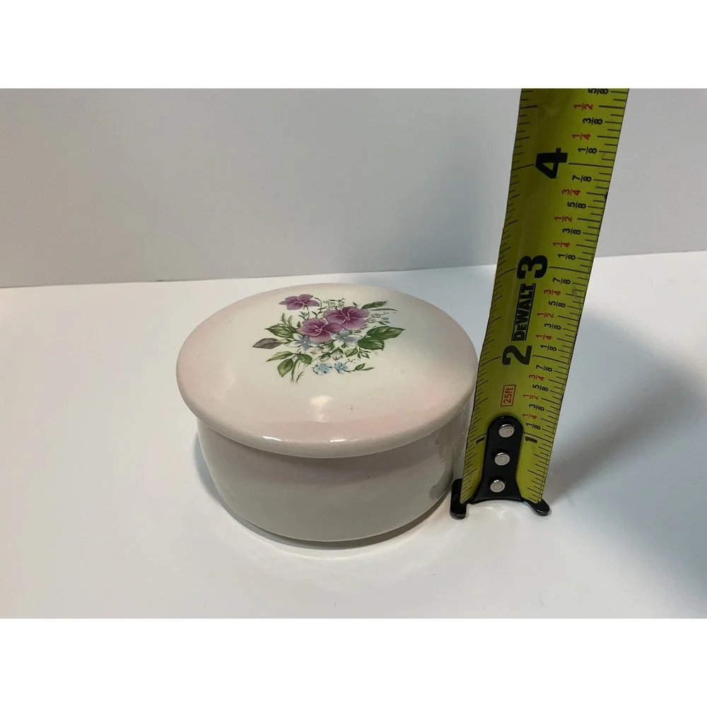 Vintage Ceramic Trinket Box Floral Design Hand Painted Pink Lid‎